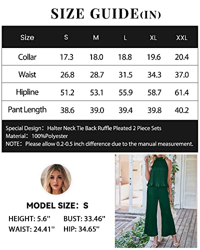 Dowerme Women's 2 Piece Outfits 2023 Halter Neck Sleeveless Flowy Tie Back Top Long Wide Leg Pant Set Loose Pleated Suit(Solid Dark Green,X-Large) #TOP5