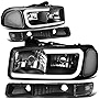 DNA Motoring HL-LB2-SIERRA99-BK-CL1 Black Housing Bumper Lights+Headlights With LED DRL Replacement For 99-06 Sierra