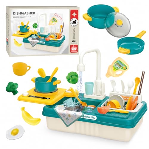 Toyana 2in1 Play Sink with Running Water & Cooking Stove 32 PCs Kids Pretend Play Kitchen Utensils Accessories Playset Educational Gift for Children 3+ Years - Blue