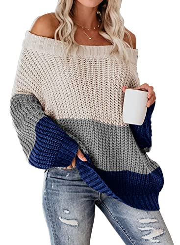 Image of VIMPUNEC Womens Oversized Sweater Color Block Off The Shoulder Pullover Sweaters Cable Knit Chunky Striped Tops B Blue