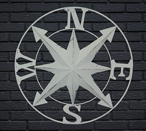 Distressed White Finish Metal Nautical Compass Rose Wall Hanging Home Decor 24 Inch Diameter #TOP4
