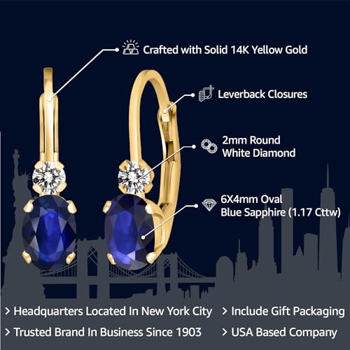 Gem Stone King 14K Yellow Gold Blue Sapphire and White Diamond Leverback Earrings For Women | 1.17 Cttw | Gemstone September Birthstone | Oval 6X4MM, Round 2MM | 3/4 Inch2