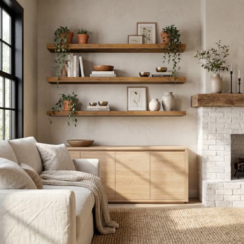 Image of QEEIG 12 inch Deep Floating Shelves for Wall - 12 x 48 inch Book Shelf Bathroom Bedroom Kitchen Living Room Hanging Bookshelf Farmhouse Set of 3, Brown (026-120BN3)