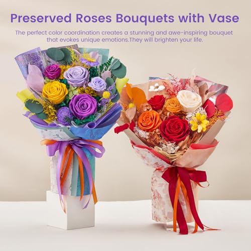 Mosstory Flowers Bouquet Preserved Roses Bouquet Flowers Fresh Bouquet Graduation Flower Bouquet Gift for Women Wife Anniversary Birthday (Purple Yellow Roses)