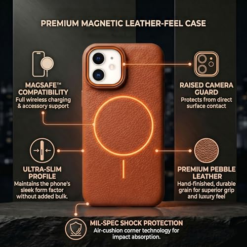 Image of amazon basics Luxury MagSafe Compatible Leather Texture Back Cover for iPhone 12 Pro | Raised Camera Protection | Slim Fit Shockproof Case with Metallic Accents (Orange)