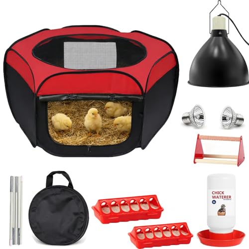 Chick Brooder Box, 7 Pcs Starter Kit Chicken Feeder and Waterer Set with 75W Heat Lamp, Perch Stand to 15 Chicks, Duck, Quail