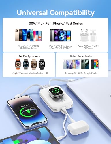 Image of RORRY CharmGo Portable Charger, 20000mAh PD 30W Portable Charger Power Bank with 2 Built-in Cables, Fast Charging Battery Pack with Keychain, Travel Essentials for iPhone, Apple Watch, iPad, White
