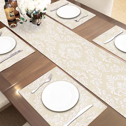 Loom and Mill Luxury Table Runner 90 inches Long Bundles 4 PCS Elegant Jacquard Table Place Mats, Handmade Multi-Tassels & Double-Layer, Perfect for Dining Table Dresser Party Banquet Decoration image 4
