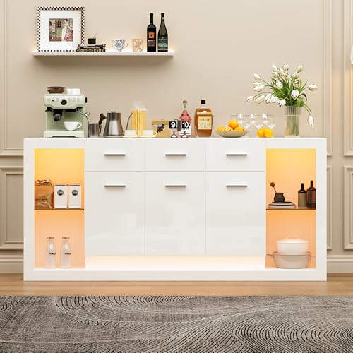 Wiuzo 160x40x75cmBeistellschrank,Wohnzimmerschrank mit LED-Lichtleiste und 3 Schubladen,Hochglanz-Sideboard,Anrichte,EIN kommode mit 14 Ablagefächern,Schrank mit Boden aus gehärtetem Glas,Weiß