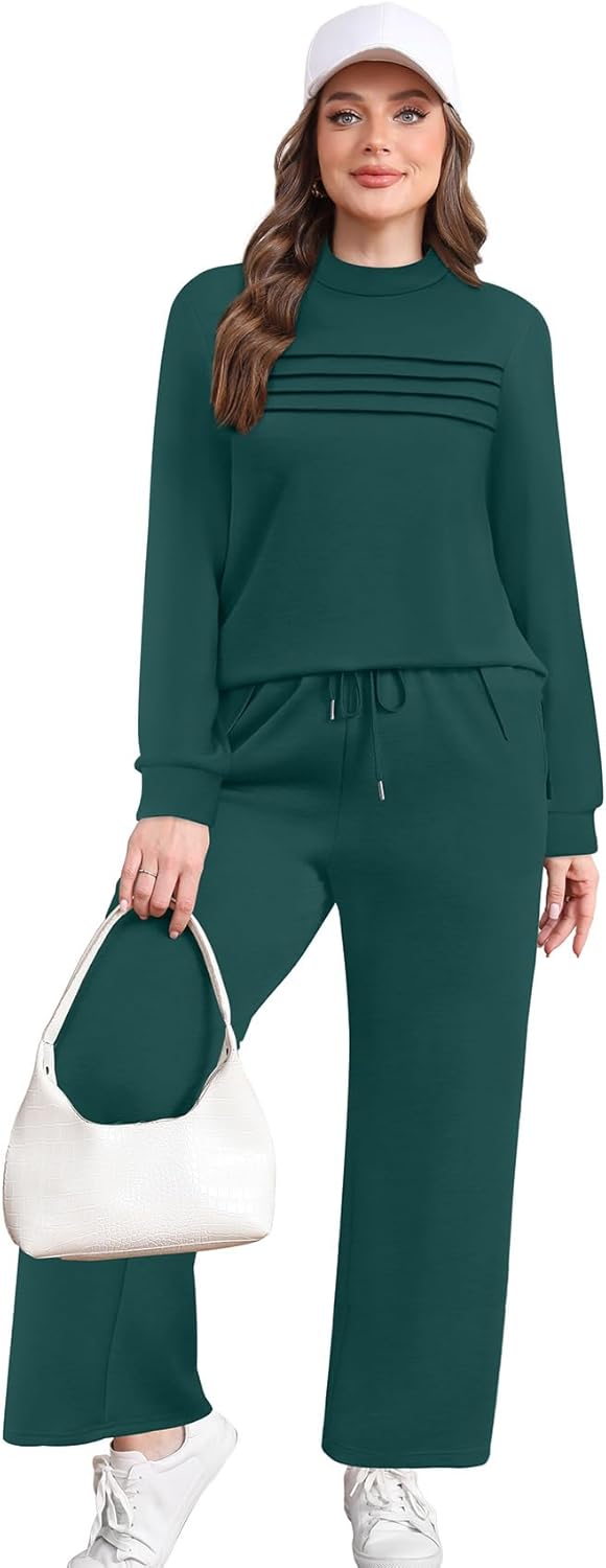 WIHOLL Two Piece Sets for Women Fall Travel Vacation Outfits 2026 Long Sleeve Lounge Sets Side Slit Wide Leg Pants S-3XL - Image 3