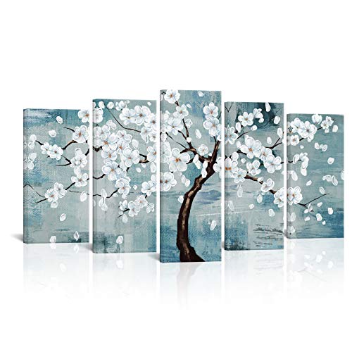 Kalormore White Flowers Blossm Trees Painting Giclee Prints Rustic Blue Background Picture Floral Poster Contemporary Art For Modern Living Room Bedroom Office Gift For House Warming #TOP12
