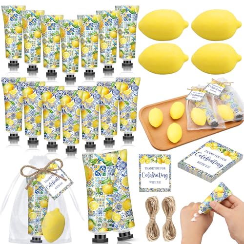 Dimsile 50 Pcs / 25 Sets Capri Lemon Baby Shower Party Favors for Guests Sweet One Italian Lemon Shaped Soaps Bridal Shower Return Gifts Amalfi Themed Hand Cream for Bridal Wedding Gender Reveal