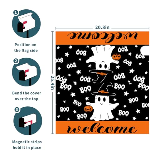 Image of Halloween Ghost Boo Mailbox Cover Magnetic Large Size 25.5 x 21 Inch Halloween Pumpkin Mail Box Covers Fall Mailbox Wraps Welcome Letter Post Box Decoration for Home Garden Yard Outdoor Outside