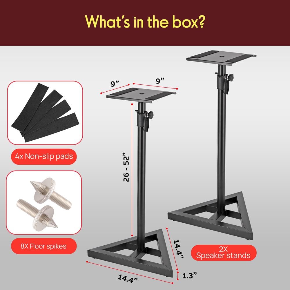 Pyle Supporto per altoparlanti, regolabile in altezza 66-132 cm, supporto universale per altoparlanti, base triangolare stabile, picchetti da pavimento, supporto per monitor da studio, portata 40 kg