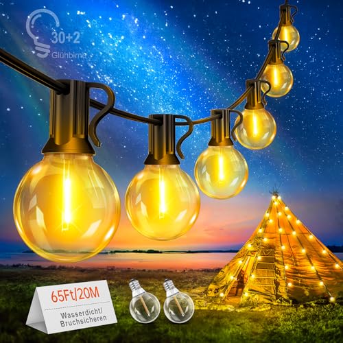 Cadena de luces LED de corriente 20 m – Cadena de luces para exteriores con 30 + 2 G40, IP44, resistente a la intemperie, para exterior, jardín, balcón, camping, fiesta
