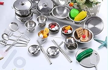 Blue N Drops- (Pact of 35) Mini Stainless Steel Utensils Cooking Kit for Play Kitchen Set for Girls Miniature Cooking Set for Kids