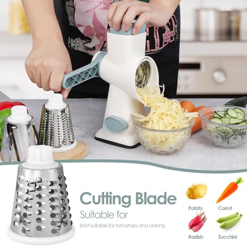 Dreamhigh® Taglia Verdure Manuale, Mandolina Per Verdure Con 3 Acciaio Inox Pale Tamburo, Forte Aspirazione, Grattugia Verdure, Per Cucina Verdure, Patate, Carote, Insalate, Tritatutto(Bianco) - 6