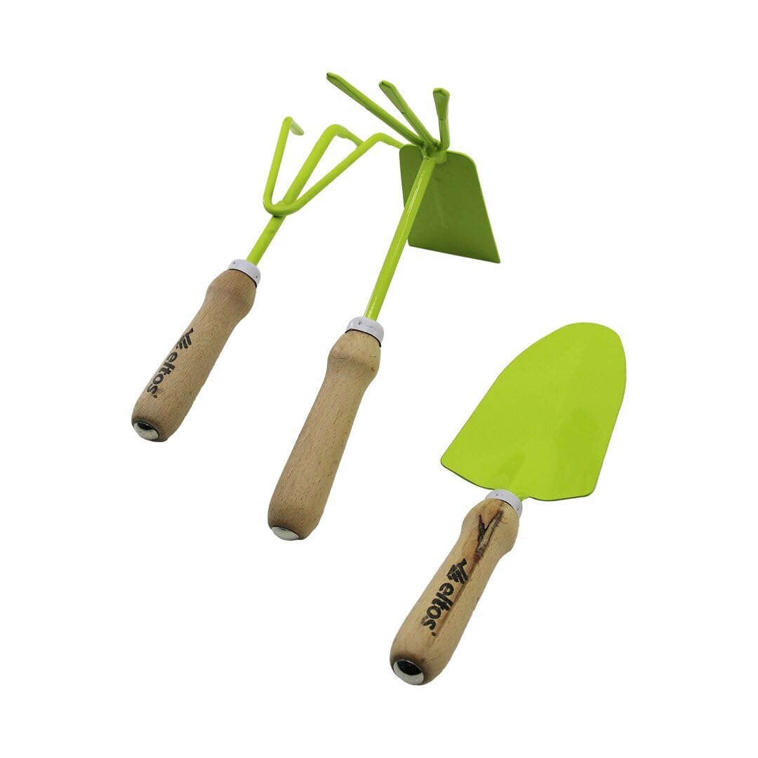 ELTOS EBS-003 3PCS BAHÇE HOBİ SETİ RENKLİ METAL ÇİFT BAŞLI ÇAPA - 3 DİŞLİ TIRMIK - KÜREK AHŞAP SAPLI (5264)