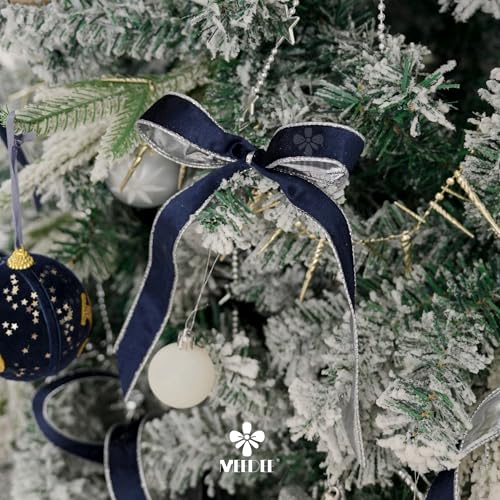 MEEDEE Navy Blue and Silver Velvet Ribbon - 1 Inch Thin Velvet Wired - 25 Yards Spool - Two Tone - for Christmas Tree, Gift Wrapping, Tree Bows, Wreaths, Crafts by MEEDEE - Used condition - Image 6