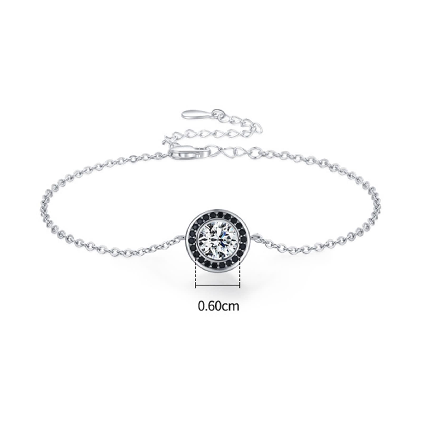 Bracciali Catena in Oro Bianco 9 K / 14 K / 18 K per Donna, Rotondo con Diamante Creato da 0,75 ct e Onice Nero, Regolabile 16 CM + 5 CM, Bracciali Catena Argento Nero Donna
