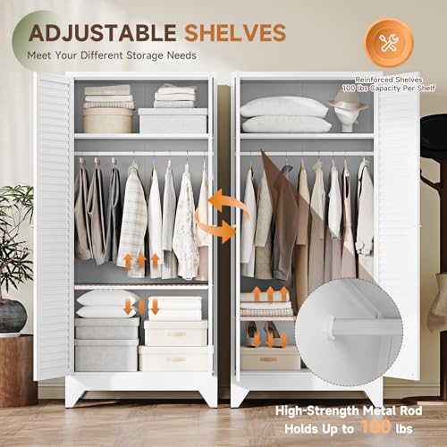 Image of Letaya Armoire Wardrobe Closet,20 inch Deep Metal Wardrobe Cabinet with Doors and Shelves,Hanging Rod Clothing Storage Cabinets for Home Room (White)