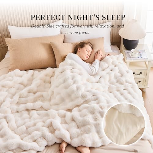 Cozy Faux Fur Throw Blanket for Couch-Warm Fuzzy Throw Blanket, Soft Plush Thick Bubble Blankets for Bedroom and Living Room, Furry Luxury Blanket, 50 x 60, Cream