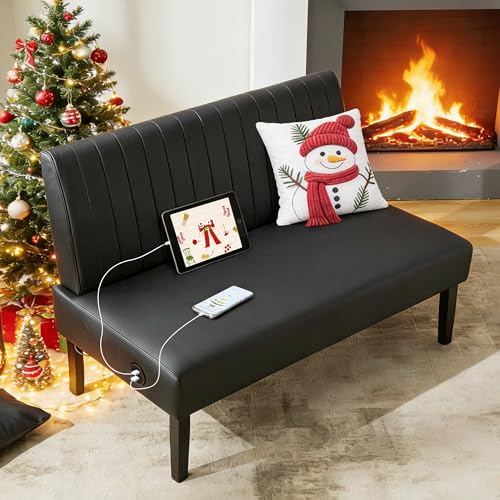 STHOUYN 43' W Mini Small Black Leather Couch Armless Loveseat Sofa for Bedroom with USB Port, Small Couches for SmallSpaces Living Room, Apartment Office Dorm (Black)