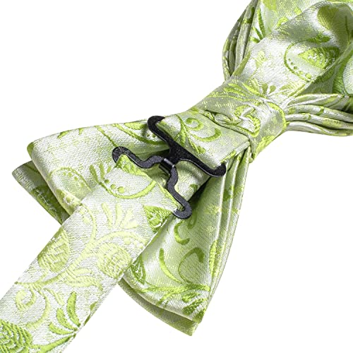 Image of Hi-Tie Pretied Bow Ties for Men Wedding Formal Bow Tie Handkerchief Cufflinks Lapel Pin Set Party Formal Mens Bowtie Set, Light Green Floral, Medium