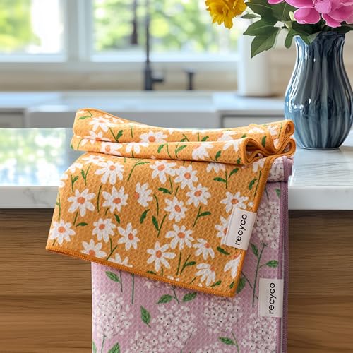 RECYCO Waffle Kitchen Towel Set of 2 - Quick Dry Microfiber Sustainable Dish Towels - Ultra Absorbent Reusable Cleaning Tea Towels - Lightweight Hand Towels,16”x 28”, Matisse Floral