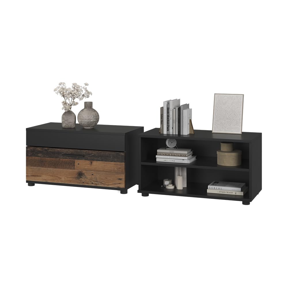 Vicco Armarios de salón Berno, Negro/Antiguo | 2 partes, para almacenar dispositivos multimedia y accesorios para el hogar