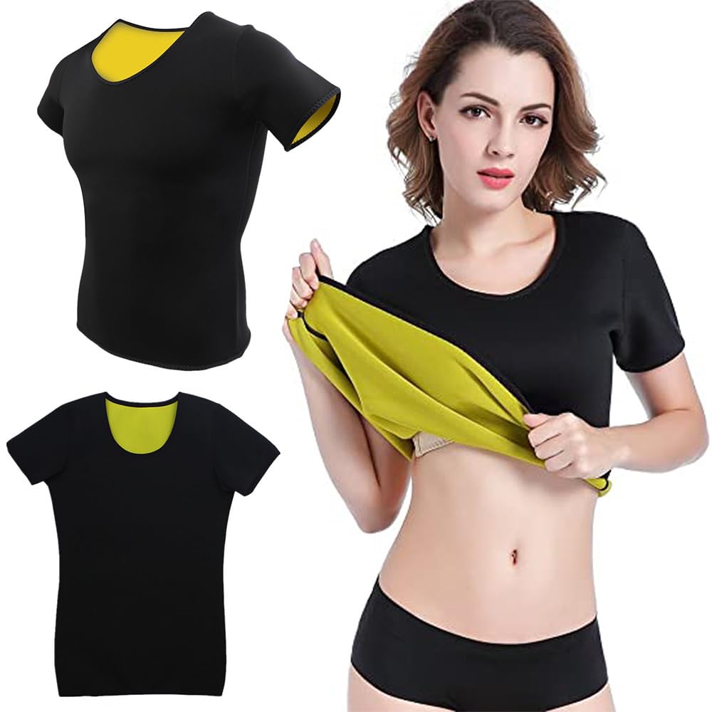 T-Shirt de Fitness en Néoprène Manches Courtes Amincissant pour Femme Vêtements de Sudation Gilet d'Entrainement Chemise Minceur Body Shaper Ventre Plat Noir (as4, alpha, x_l, regular, regular),Noir,XL