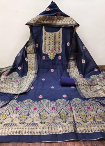 Image of Chanderi Suit Vol 5 | Pure Chanderi Banarasi Silk (3m) | Soft Cotton Bottom (2.5m) | Woven Chanderi Banarasi Silk Dupatta (2.3m) with Tassels, Unstitched Material, Fits up to 60 inch, Length 48
