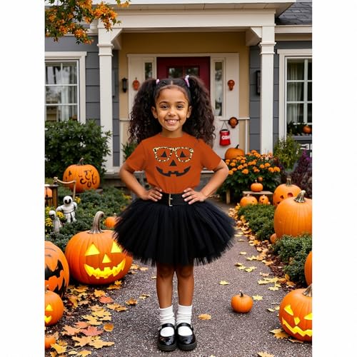 Girls Halloween T-Shirt Funny Pumpkin Face Graphic Tee Shirt Short Sleeve Cute Kids Spooky Season Fall Tops3