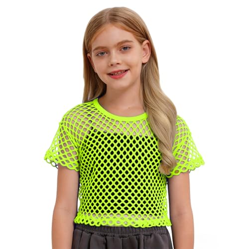 QISSYILY Girls Fishnet Crochet Crop Tops Neon Sheer Mesh Shirt Hip Hop Dance Short Sleeve Shirts Hollow Out T-Shirts Blouse(Neon Green 10Y)