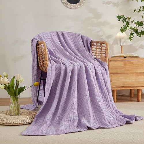 EMME Cotton Throw Blanket for Couch Soft Muslin Blankets 50"x60" Lightweight Breathable Blanket All Season Gauze Blanket, Lavender