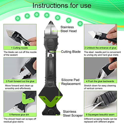 5-in-1 siliconen afdichtgereedschap van hoogwaardig roestvrij staal, afdichtmiddel, voegenschraper, hergebruiken en vervangen van 5 siliconen pads, voor keuken, badkamer, raam, gootsteen - Afbeelding 6