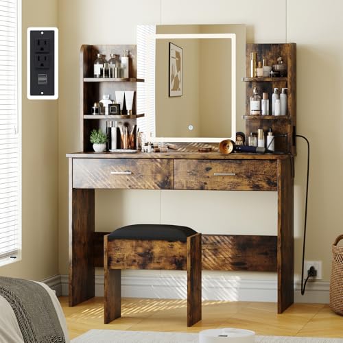 Garvee Vanity Desk with Lights | Tri-Mode LED Lighted Mirror & Charging Station | Makeup Vanity Set with 6 Shelves, 2 Drawers, Soft Cushion Stool | Dimmable Vanity Desk for Bedroom (Rustic Brown)