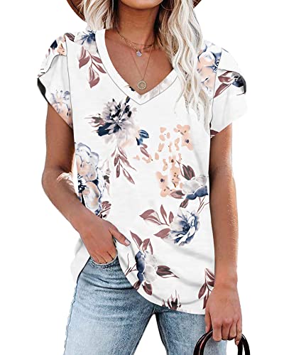 PLOKNRD Femmes Tee Shirts Été Cap Manches Col V Hauts pour Femmes Décontractés (Fleurie Blanc, XL)