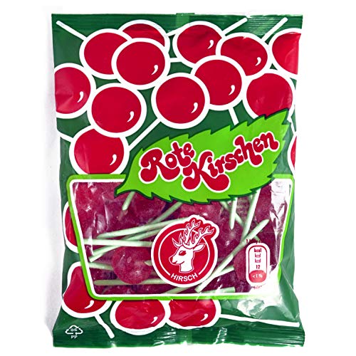 Rote Kirschen Das ORIGINAL von HIRSCH Kirschlutscher mit dem original grünen Stiel 100g Beutel