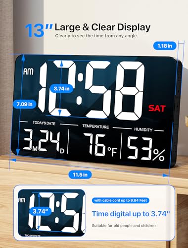 MASHI 13" Large Display Digital Clock, Alarm, Date, Temperature, DST - Image 2