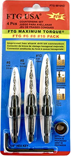 Ftg Usa Wood Countersink Drill Bit Set 3 Pc Countersink Drill Bit #6#8#10 Tapered Drill Bits With Improved Countersink Connection Drill Bit To Hex Shank Without Pin, 1 Stop Collar, 1 Allen Wrench #TOP5