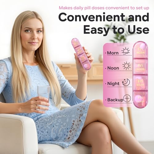 Image of Daviky Pill Organizer 4 Times a Day - Pill Box 7 Day, Weekly Medicine Pill Organizer for Travel with Removable Containers, Pill Case to Hold Daily Vitamins, Supplements and Medication (Pink Purple)