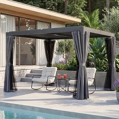 CikaCika 10x12 Outdoor Louvered Pergola, Adjustable Roof Metal Gazebo with Waterproof Curtains & Netting, Modern Rustproof Aluminum Hardtop Shelter for Patio, Deck, Garden, Dark Gray