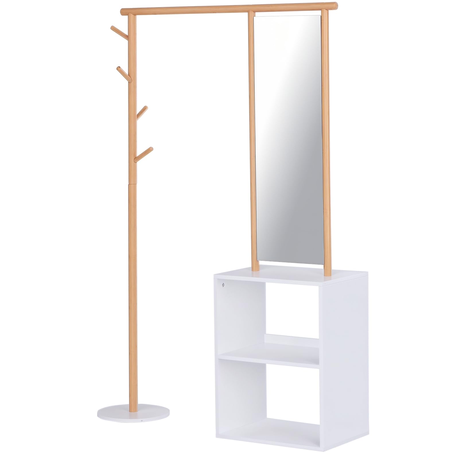 HOMCOM Porte-manteaux meuble d'entrée vestiaire penderie avec miroir 4 patères 2 niches dim. 100L x 34l x 164H cm MDF blanc bois massif bambou