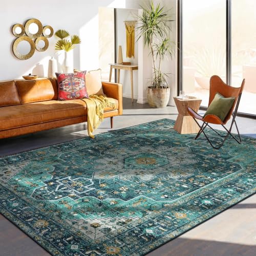 Moynesa Ultra-Thin Washable 10x14 Area Rugs for Living Room, Teal Large Living Room Rug Non Slip, Vintage Oriental Indoor Floor Carpet for Dining Room Table Dorm Home Office Decor