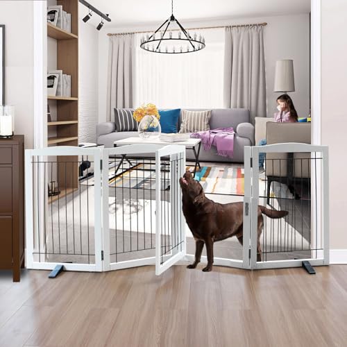 Image of SFJC Foldable Freestanding Dog gate with Door Indoor, Wooden White Pet Gate for Doorway, Stairs, House, or Room, Dog Fence with Support Feet Included, 32" Height, 4 Panels