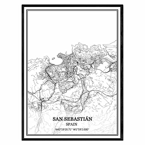 TANOKCRS San Sebastián España Mapa de pared arte lienzo impresión cartel obra de arte sin marco moderno mapa en blanco y negro recuerdo regalo decoración del hogar  18 * 24 inches