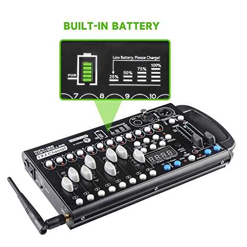 Drahtloser Dmx Controll Lichtmischpult Dmx Controller Eingebaute Batterie 192 Kanäle Dmx Konsole, Wireless Lichtmixer Dmx512 Controller Musikgesteuert Akku Lichtpult Dmx Pult Partylicht Dmx Controler