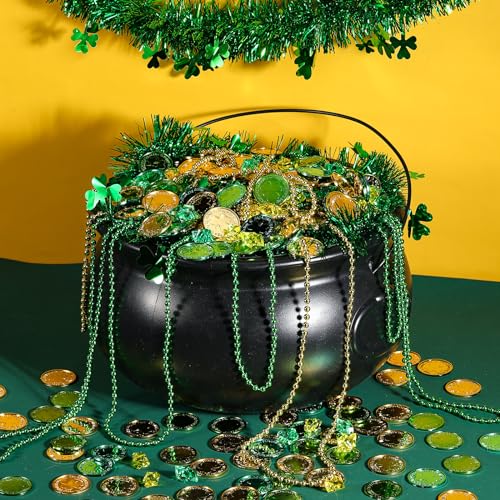 Sratte 615 Pcs St Patrick's Day Candy Cauldron Kettle with Handle Set Pot of Gold Shamrock Gold Green Coin Gem Leprechaun Clover Necklace Lucky Plastic Jewelry Treasure (Black, 12.6 x 7.09 in) by Sratte - Image 4