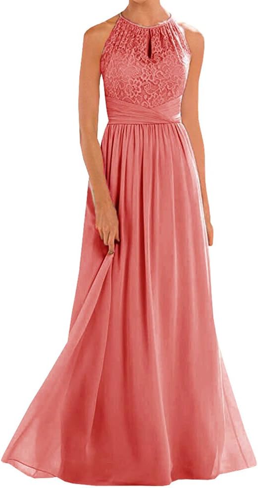Women's Halter Lace A-Line Chiffon Floor-Length Bridesmaid Dress